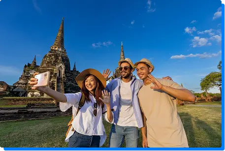 Three friends taking a selfie at a temple Three friends taking a selfie at a temple
