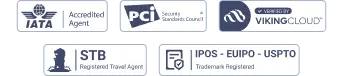 Certified by IATA, PCI, Viking Cloud, STB and Registered with IPOS, EUIPO, USPTO Mobile view of trusted certifications including IATA, PCI, Viking Cloud, STB, and Trademark Registrations