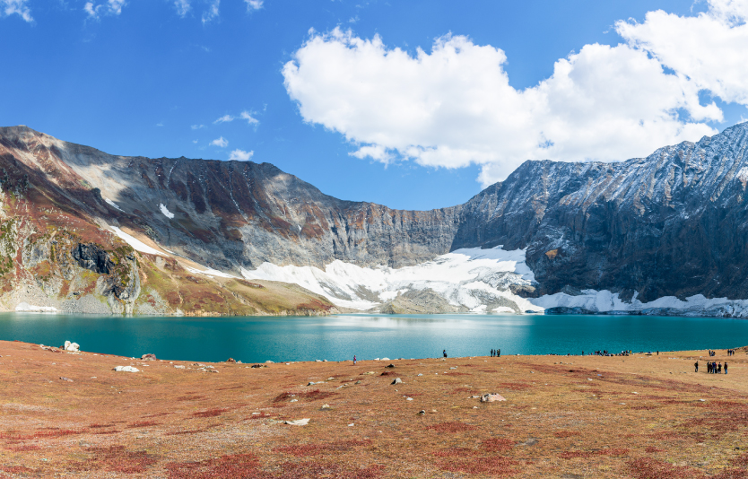A scenic panoramic view of Ratti Gali Lake
