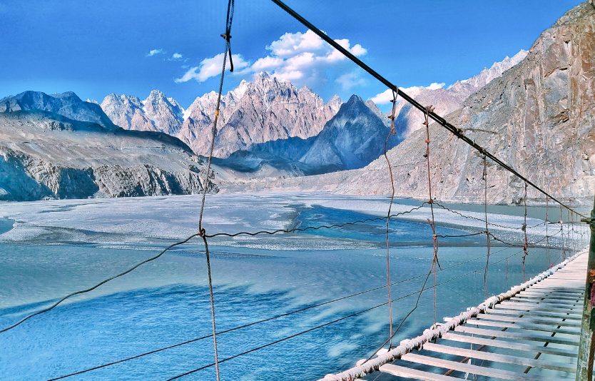 A dangerous hussaini bridge on the blue water river in Pakistan