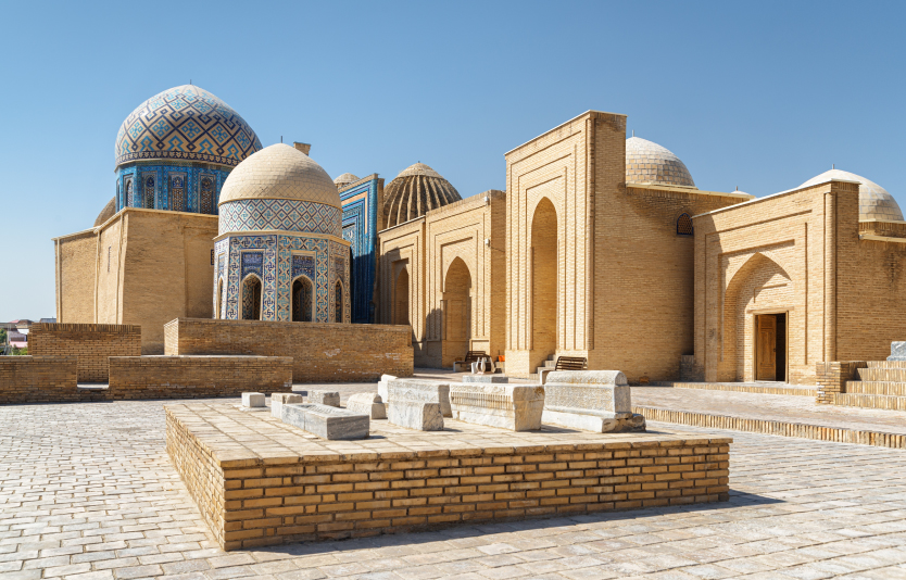Ancient Splendor of Shah-i-Zinda decorated by blue tiles with designs