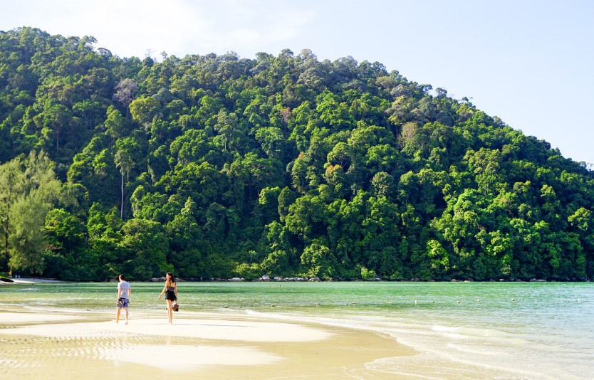 Monkey Beach offers campsites, clear water, and miles of white sand