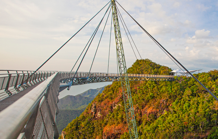 The 124-meter-long, curved pedestrian Langkawi Sky Bridge provides a breathtaking