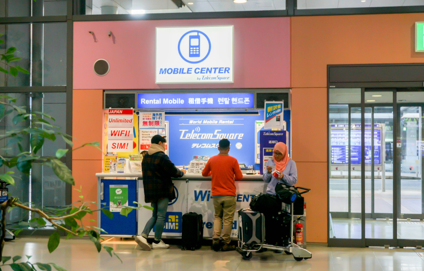 Travel sim card booths stand in Kansai International Airport  Travel sim card booths stand in Kansai International Airport