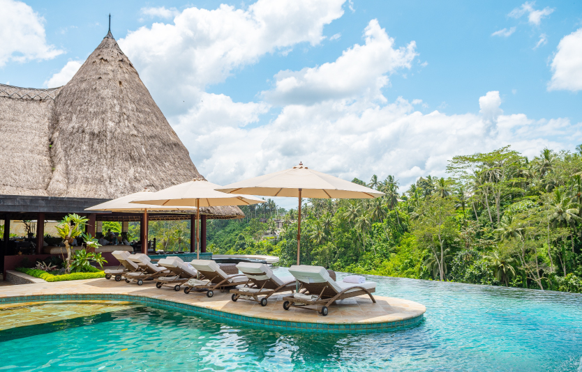 Jungle views from the infinity pool of Viceroy Bali Hotel 