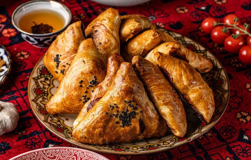 Samsa is a signature flaky Uzbek meat pastries 
