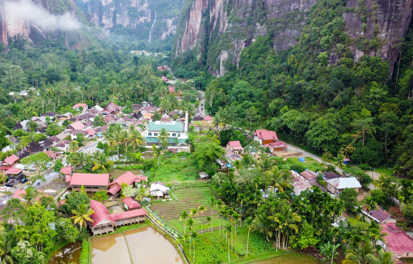 View of the village between two rocky hills in the Harau Valley