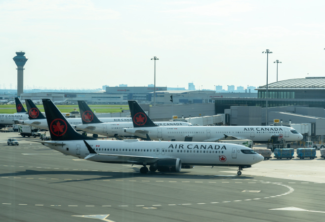Air Canada planes parked at Toronto’s Pearson International Airport in Mississauga, ON, Canada